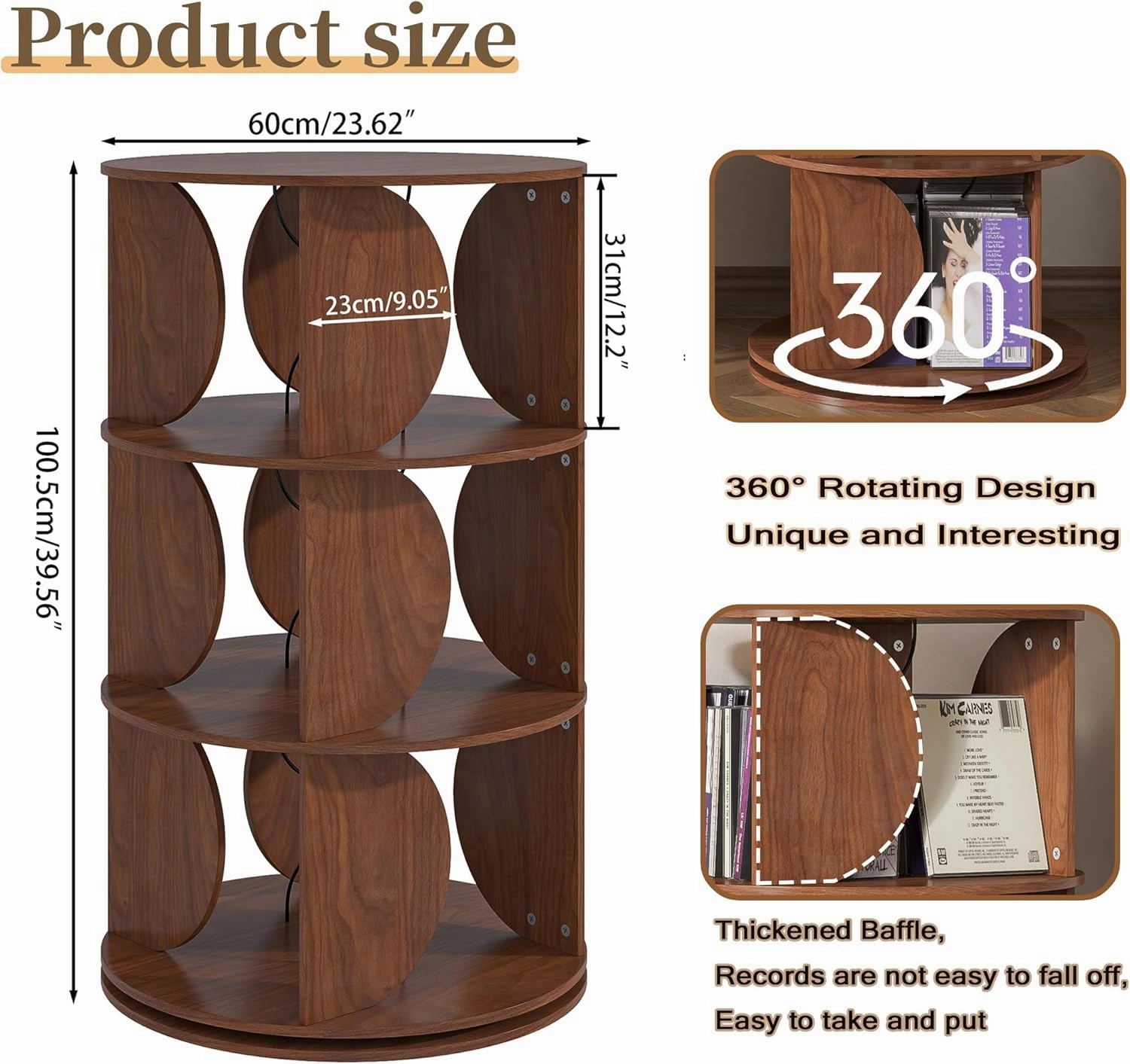 Record Player Stand,Turntable Stand with 3-Tier Vinyl Record Storage,Mid Century Modern Large Record Player Table Up to 300  Albums,360 Rotation Vinyl Record Stand for Living Room (Walnut)