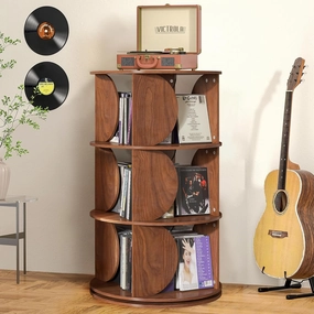 Record Player Stand,Turntable Stand with 3-Tier Vinyl Record Storage,Mid Century Modern Large Record Player Table Up to 300  Albums,360 Rotation Vinyl Record Stand for Living Room (Walnut) vinyl storage,record holder,LP organizer,