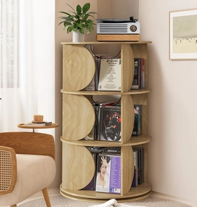Record Player Stand,Turntable Stand with 3-Tier Vinyl Record Storage,Mid Century Modern Large Record Player Table Up to 300  Albums,360 Rotation Vinyl Record Stand for Living Room (Wood Color) vinyl storage,record holder,LP organizer,