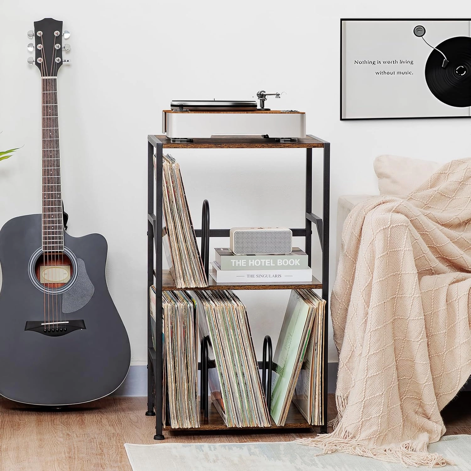 Record Player Stand, Vinyl Record Storage Up to 200 Albums, 3 Tier End Table with Removable Dividers, Tall Side Table for Living Room, Bedroom, Rustic Brown, HETCD010BR-1