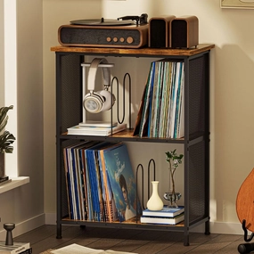 Record Player Stand with 3 Adjustable Dividers, Vinyl Record Storage Up to 250 Albums, 3-Tier Vinyl Storage Holder with Open Wooden Desktop for Living Room, Bedroom vinyl storage,record holder,LP organizer,