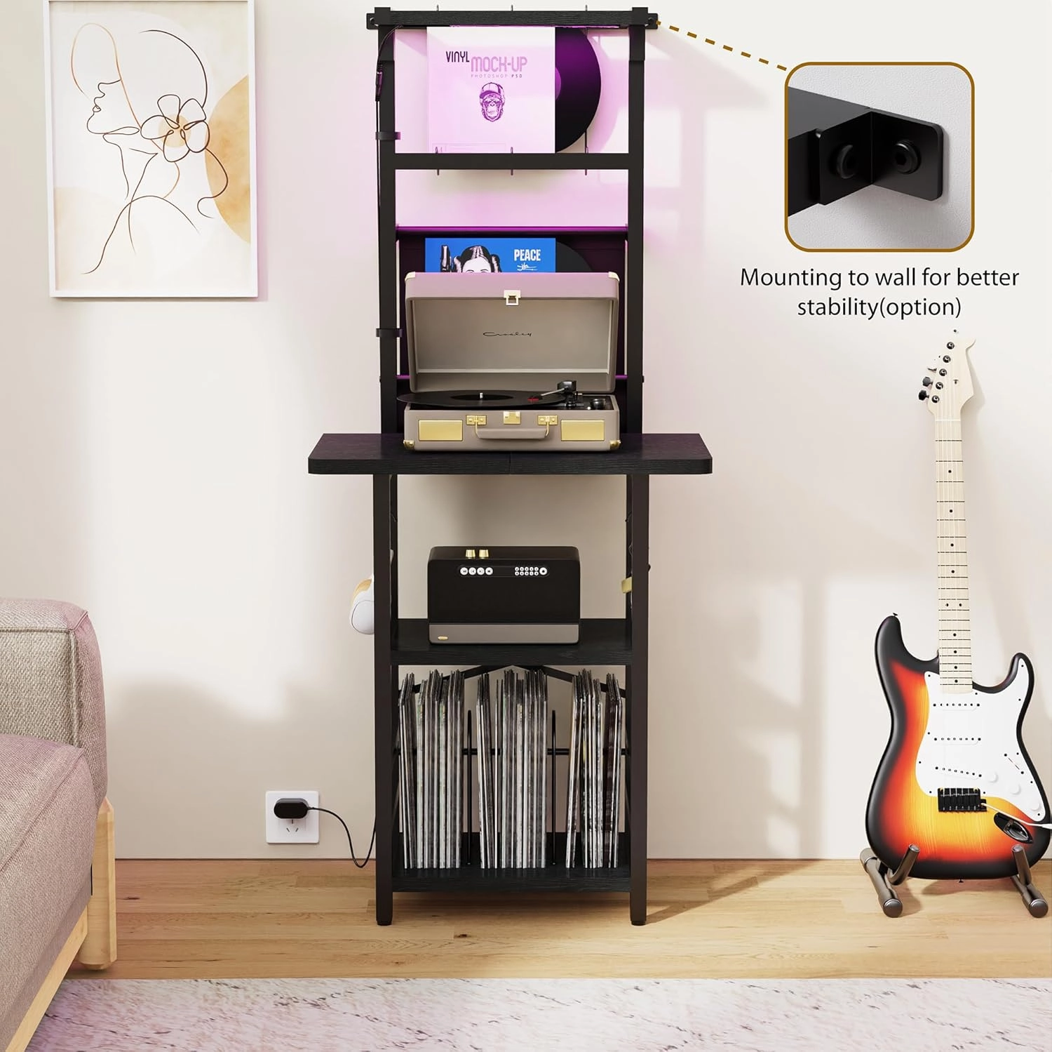 Record Player Stand with Led Light,Record Player Table with Vinyl Storage,Turntable Stand with Record Holder Vinyls Display Shelf for Music Room Studio,Black