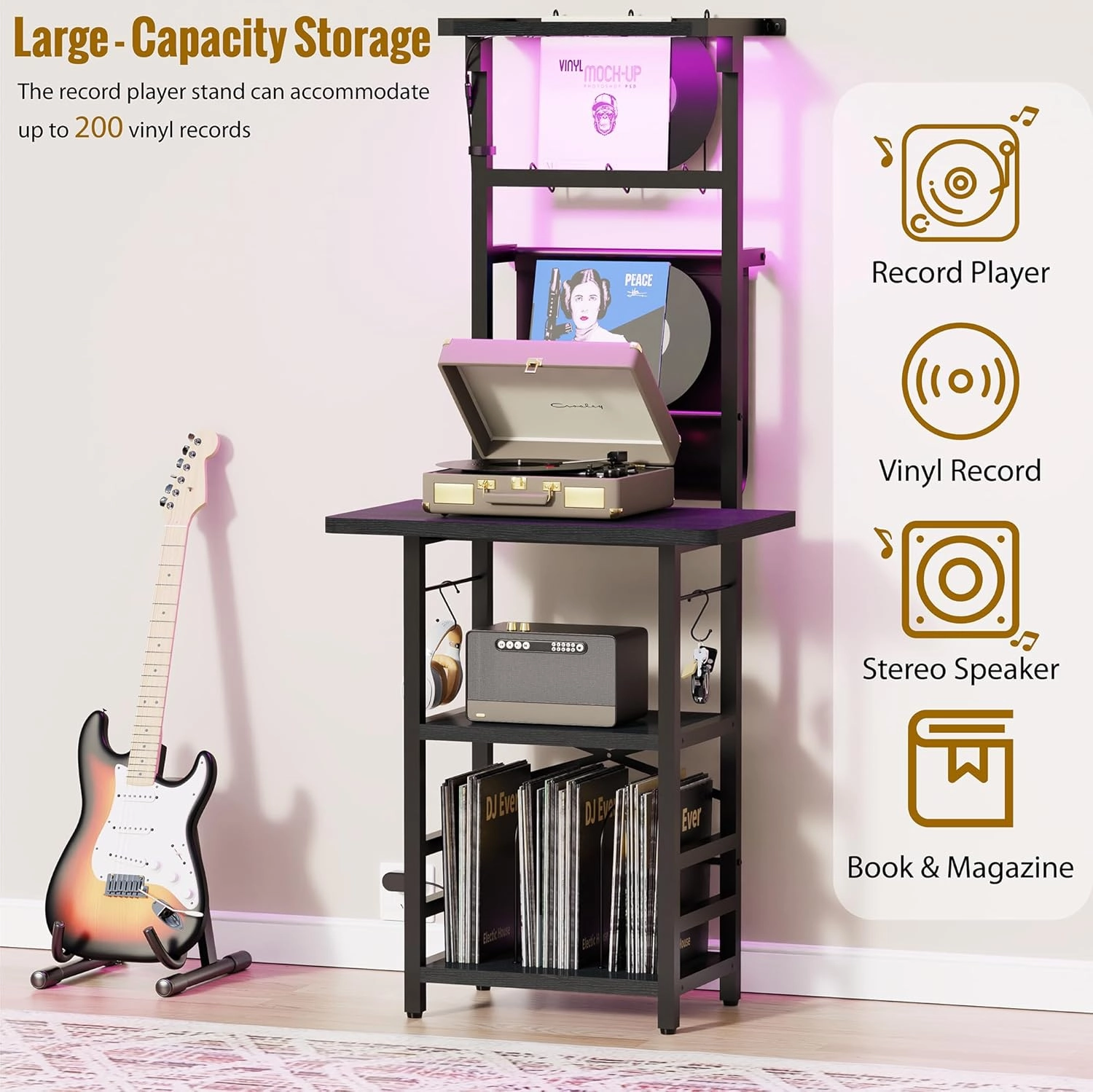 Record Player Stand with Led Light,Record Player Table with Vinyl Storage,Turntable Stand with Record Holder Vinyls Display Shelf for Music Room Studio,Black