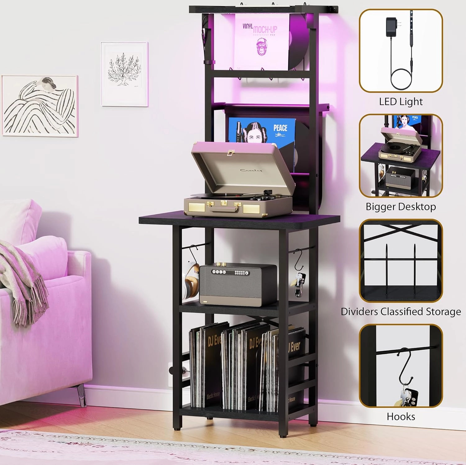 Record Player Stand with Led Light,Record Player Table with Vinyl Storage,Turntable Stand with Record Holder Vinyls Display Shelf for Music Room Studio,Black
