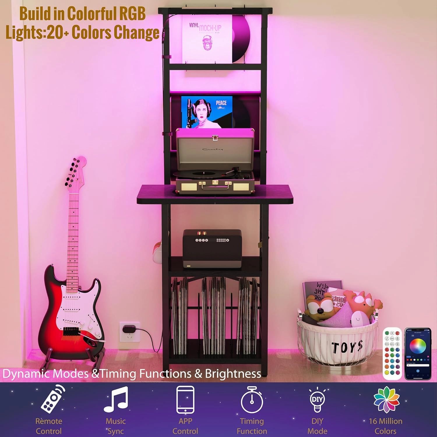 Record Player Stand with Led Light,Record Player Table with Vinyl Storage,Turntable Stand with Record Holder Vinyls Display Shelf for Music Room Studio,Black