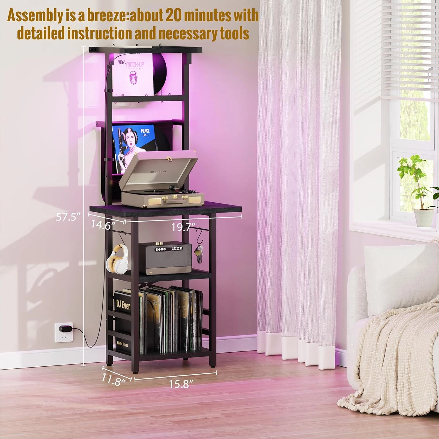 Record Player Stand with Led Light,Record Player Table with Vinyl Storage,Turntable Stand with Record Holder Vinyls Display Shelf for Music Room Studio,Black