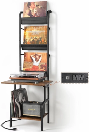 Record Player Stand with Power Outlet, Record Player Table with Vinyl Record Storage up to 200 Albums, Turntable Stand with Record Holder Vinyl Display Shelf, Record Player Cabinet Organizer Rack audio rack,hi-fi component stand,media shelf,