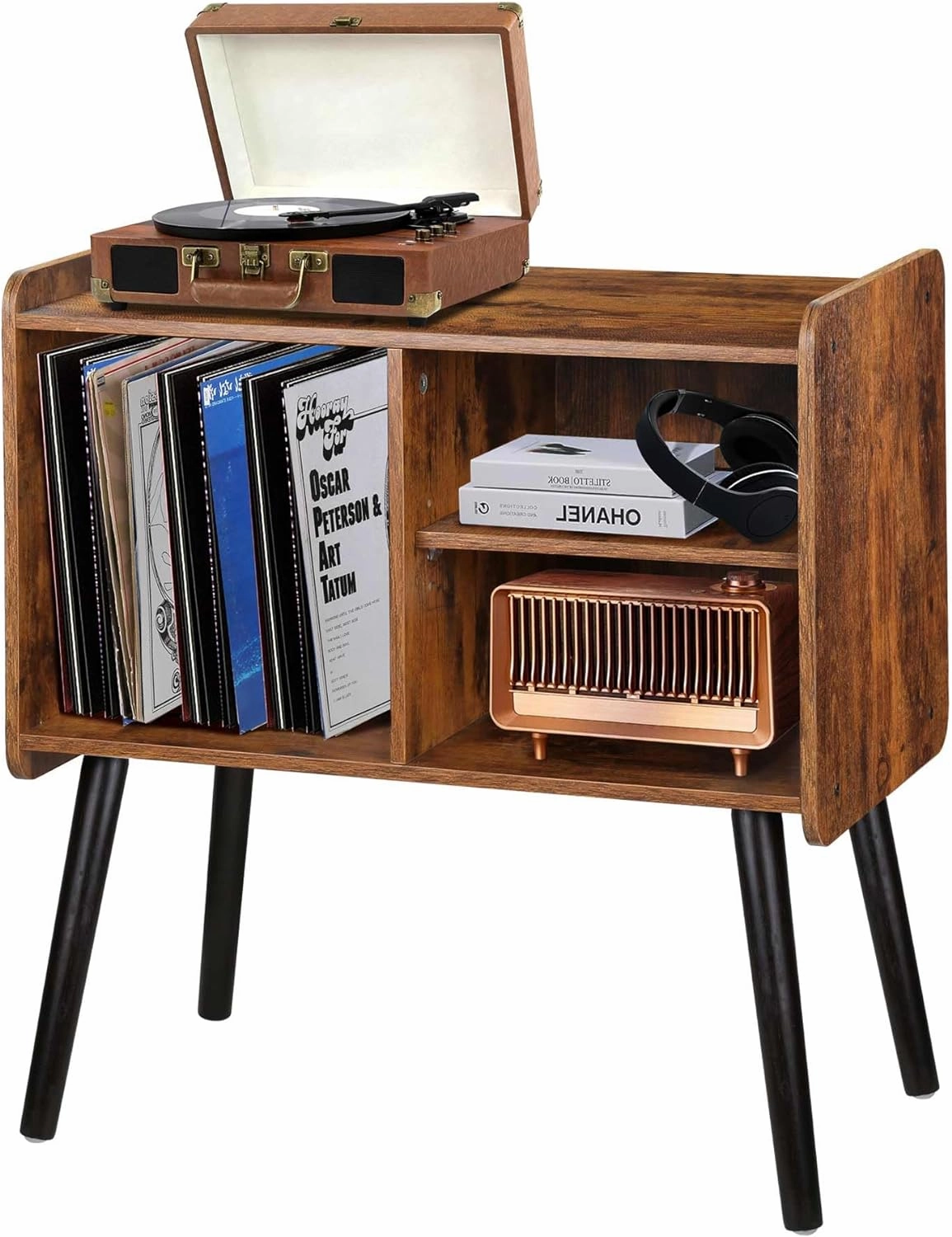 Record Player Stand with Vinyl Record Storage, Mid-Century Turntable Stand for Living Room Bedroom Office, Record Player Table, Vinyl Holder Holds up to 100 Albums, Rustic Brown vinyl storage,record holder,LP organizer,