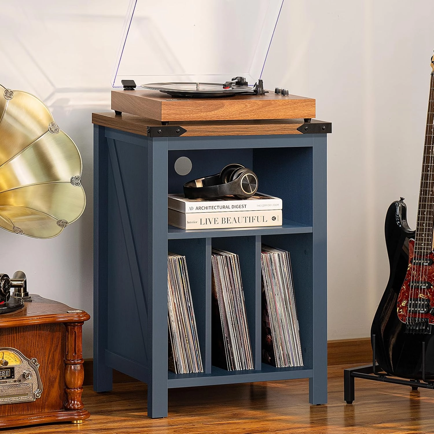 Record Player Stand with Vinyl Record Storage,Navy Blue Record Player Table Holds up to 160 Albums,Large Wood Turntable Stand Cabinet Dispaly Shelf for Living Room,Bedroom,Office