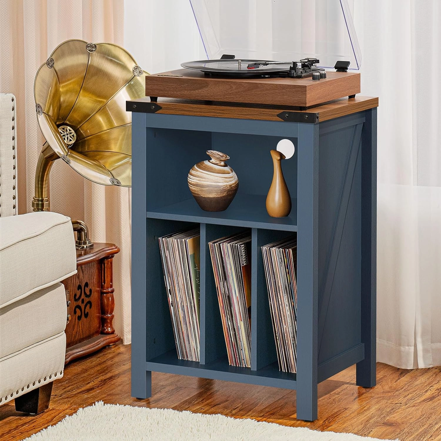 Record Player Stand with Vinyl Record Storage,Navy Blue Record Player Table Holds up to 160 Albums,Large Wood Turntable Stand Cabinet Dispaly Shelf for Living Room,Bedroom,Office