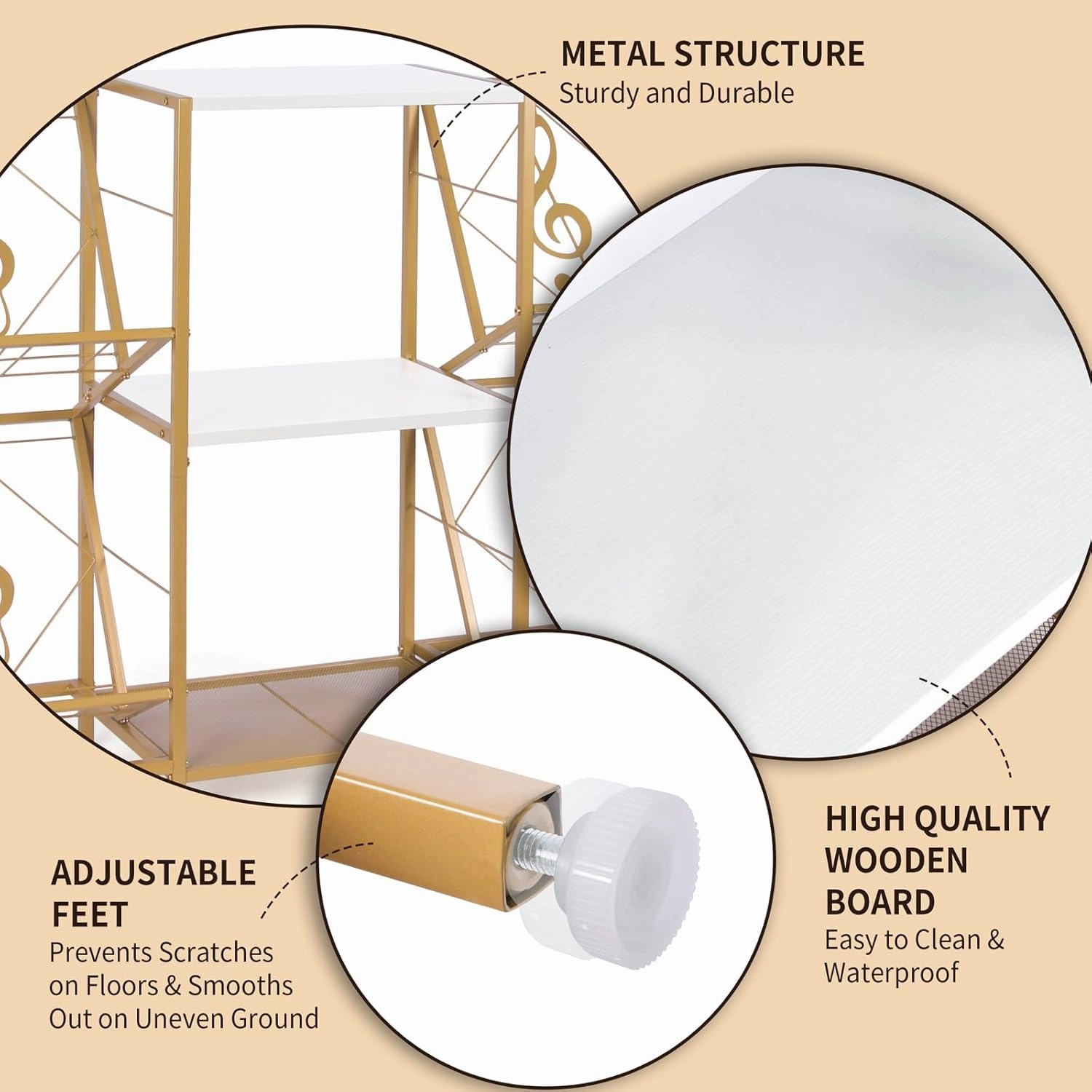 Record Player Stand with Vinyl Record Storage, Turntable Stand with 4-Tier Vinyl Display Shelf & Metal Frame, Record Holder for Living Room, Gold & White