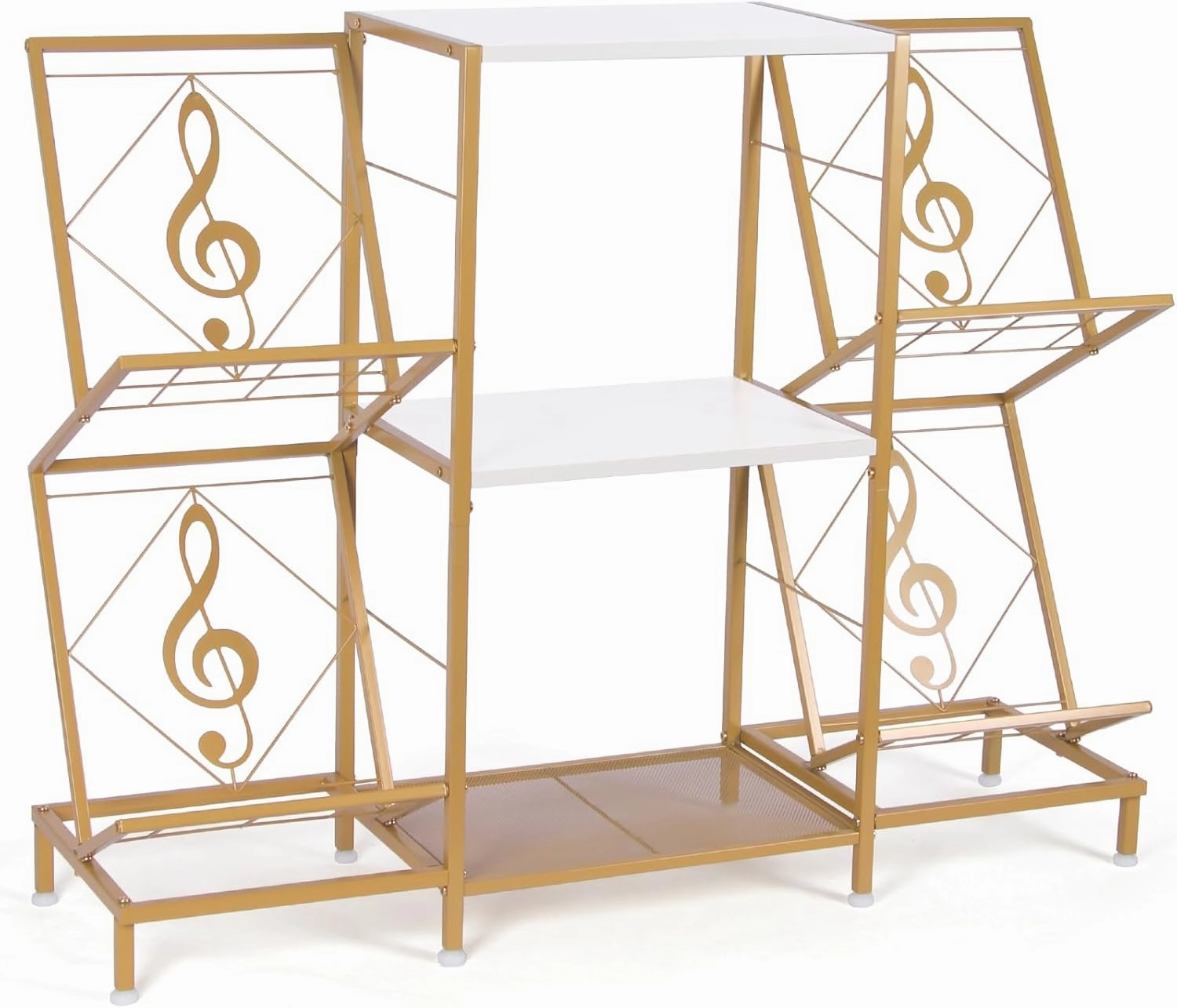 Record Player Stand with Vinyl Record Storage, Turntable Stand with 4-Tier Vinyl Display Shelf & Metal Frame, Record Holder for Living Room, Gold & White vinyl storage,record holder,LP organizer,