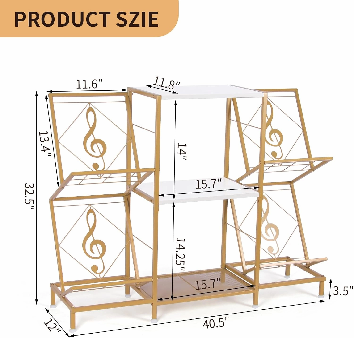Record Player Stand with Vinyl Record Storage, Turntable Stand with 4-Tier Vinyl Display Shelf & Metal Frame, Record Holder for Living Room, Gold & White