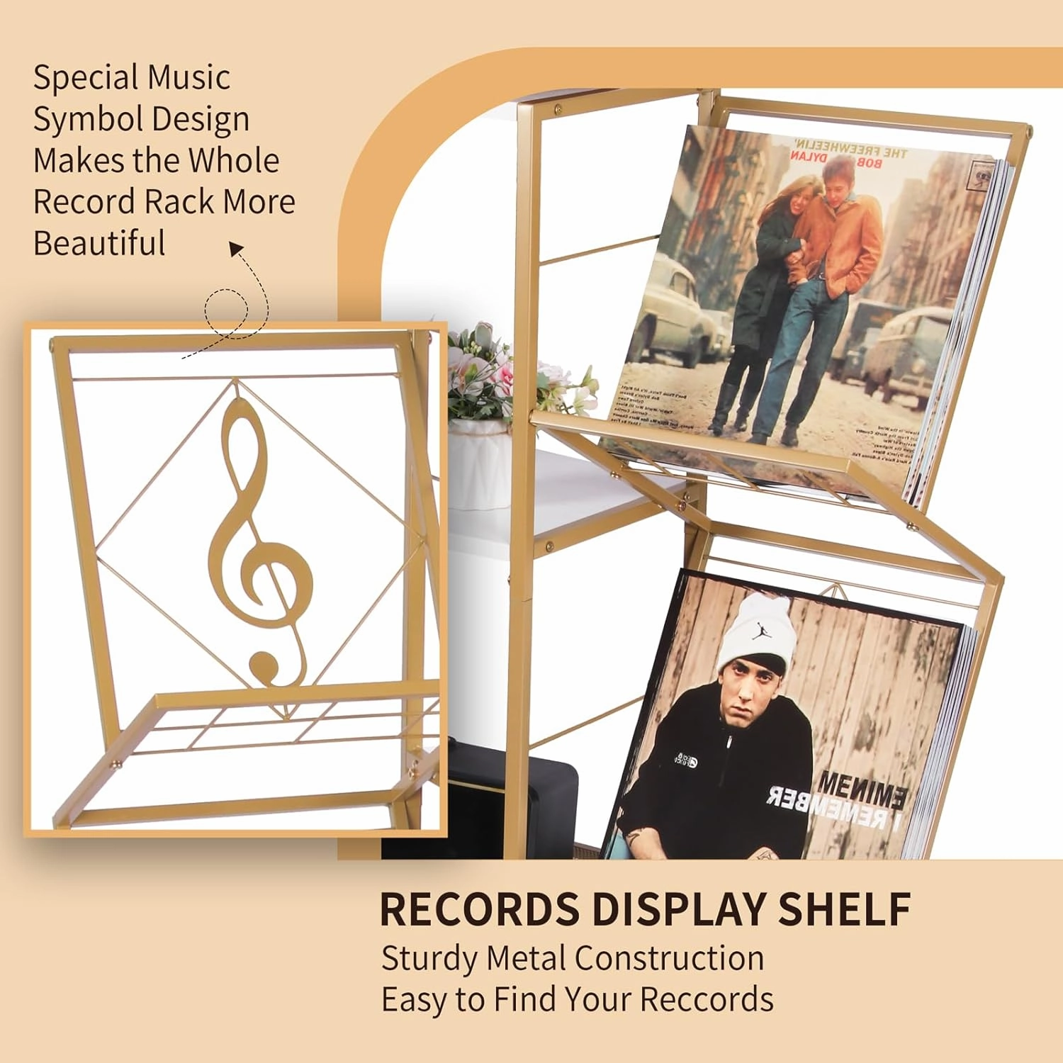 Record Player Stand with Vinyl Record Storage, Turntable Stand with 4-Tier Vinyl Display Shelf & Metal Frame, Record Holder for Living Room, Gold & White