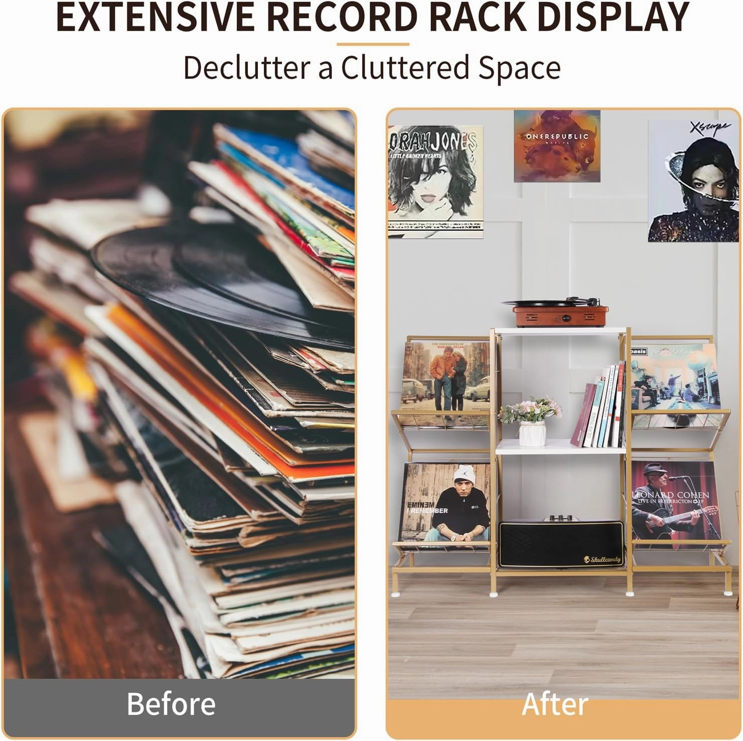 Record Player Stand with Vinyl Record Storage, Turntable Stand with 4-Tier Vinyl Display Shelf & Metal Frame, Record Holder for Living Room, Gold & White