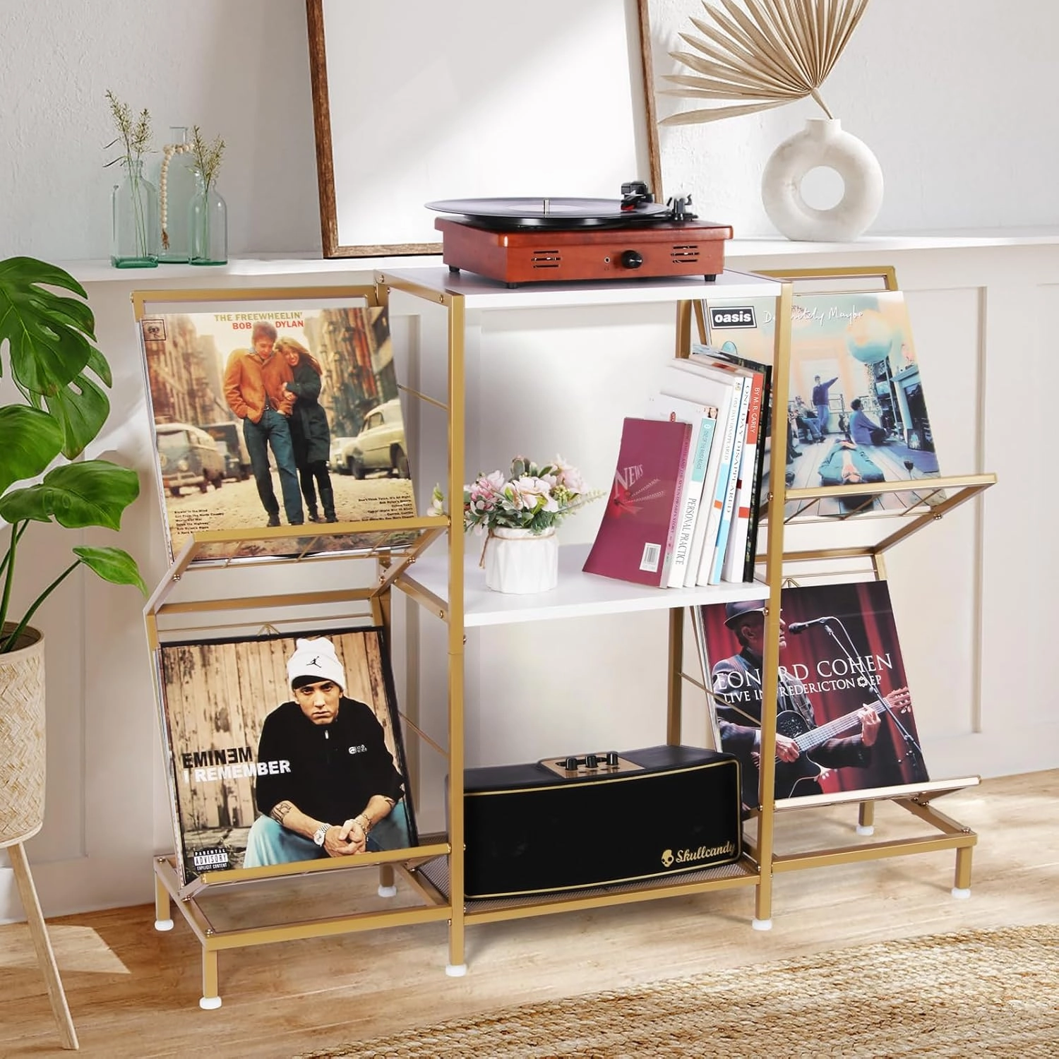 Record Player Stand with Vinyl Record Storage, Turntable Stand with 4-Tier Vinyl Display Shelf & Metal Frame, Record Holder for Living Room, Gold & White