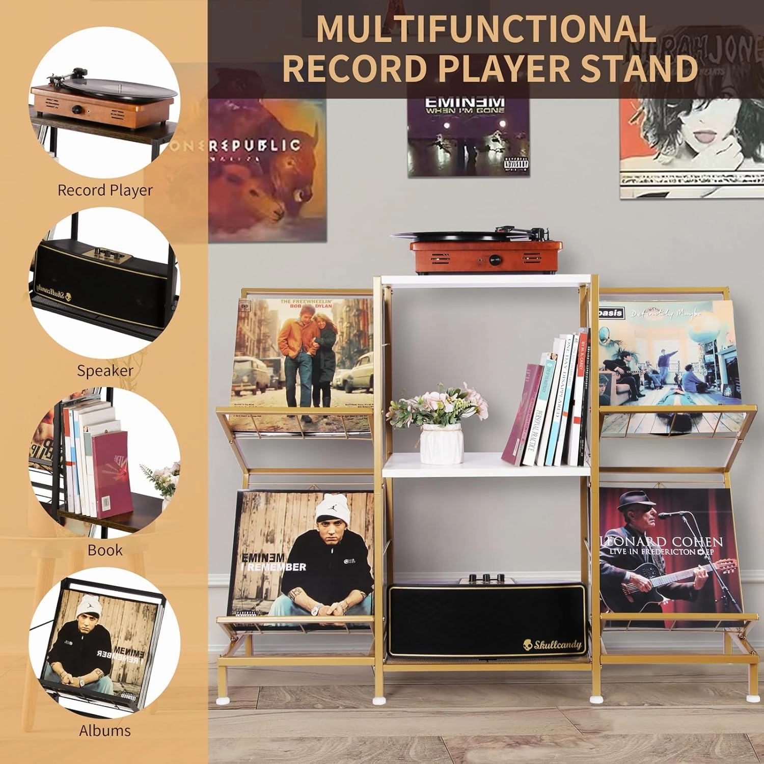 Record Player Stand with Vinyl Record Storage, Turntable Stand with 4-Tier Vinyl Display Shelf & Metal Frame, Record Holder for Living Room, Gold & White