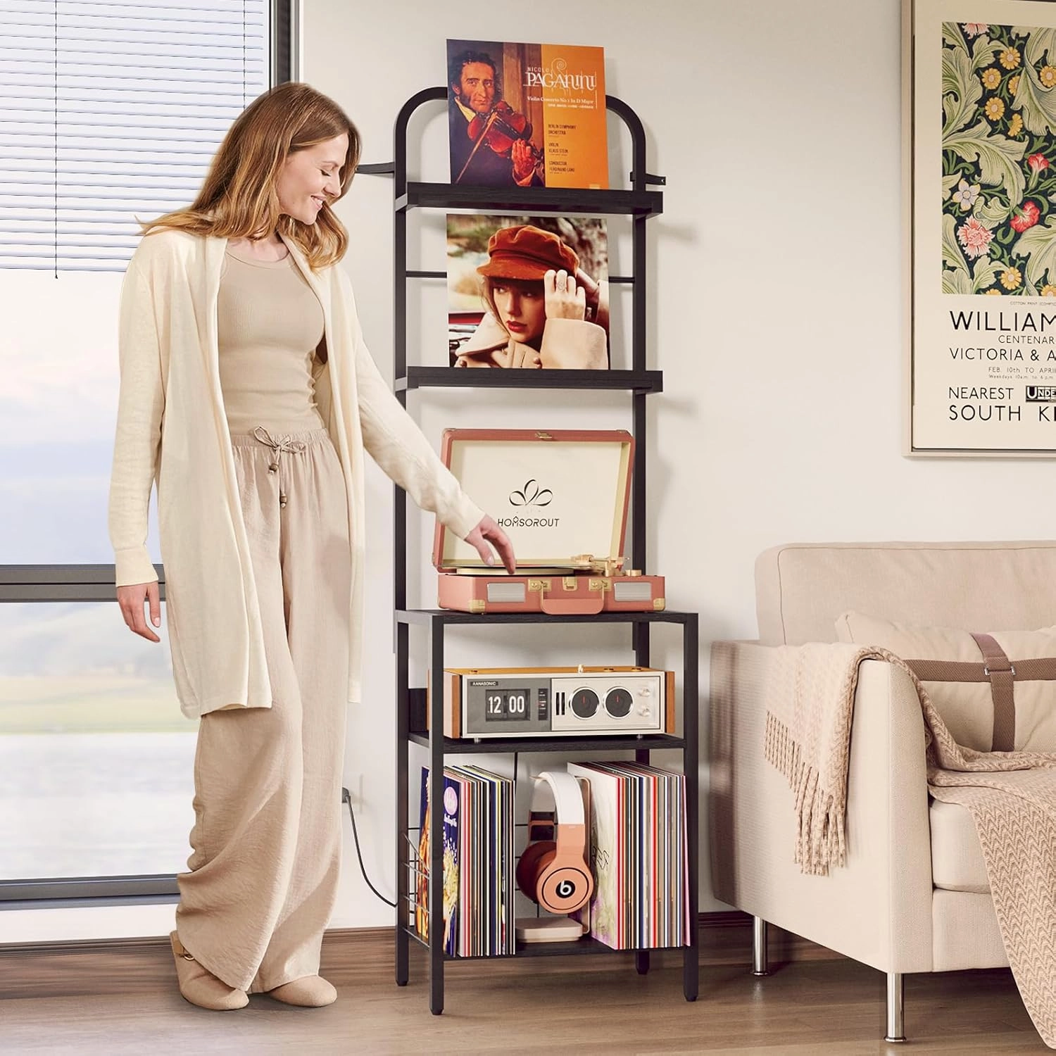 Record Player Stand with Vinyl Storage - 5-Tier Turntable Table with Power Outlet, Adjustable Feet, Metal & Wood Cabinet - Console Organizer Display Shelf for Living Room, Apartment