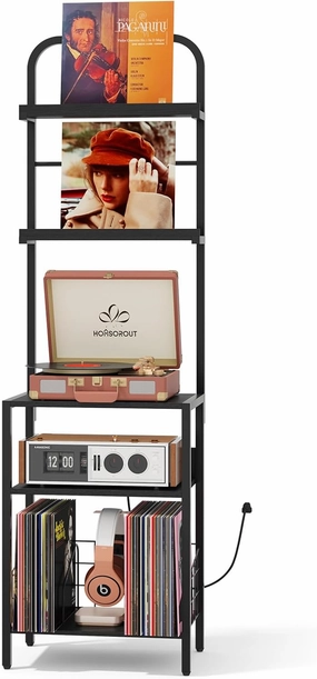 Record Player Stand with Vinyl Storage - 5-Tier Turntable Table with Power Outlet, Adjustable Feet, Metal & Wood Cabinet - Console Organizer Display Shelf for Living Room, Apartment vinyl storage,record holder,LP organizer,