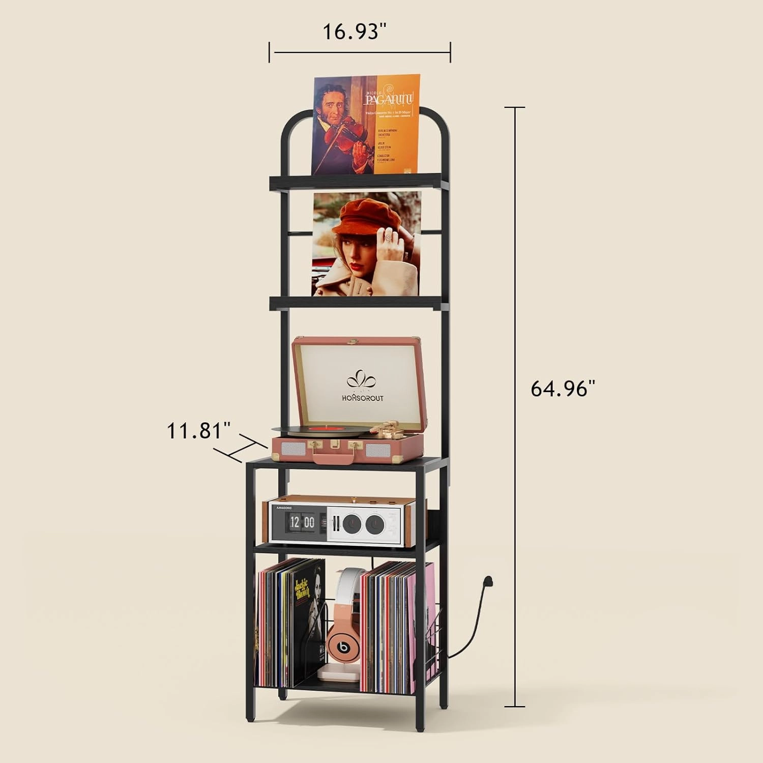 Record Player Stand with Vinyl Storage - 5-Tier Turntable Table with Power Outlet, Adjustable Feet, Metal & Wood Cabinet - Console Organizer Display Shelf for Living Room, Apartment
