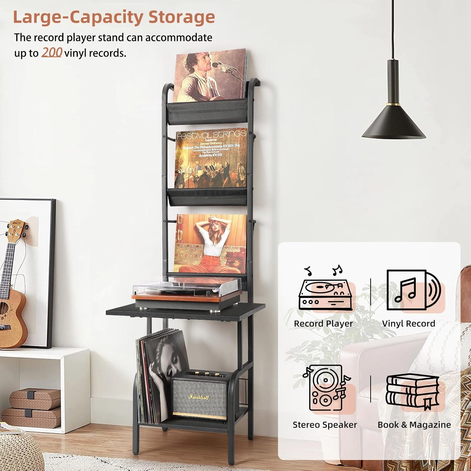 Record Player Stand with Vinyl Storage for up to 200 Albums, Turntable Stand with Record Holder Display Shelf
