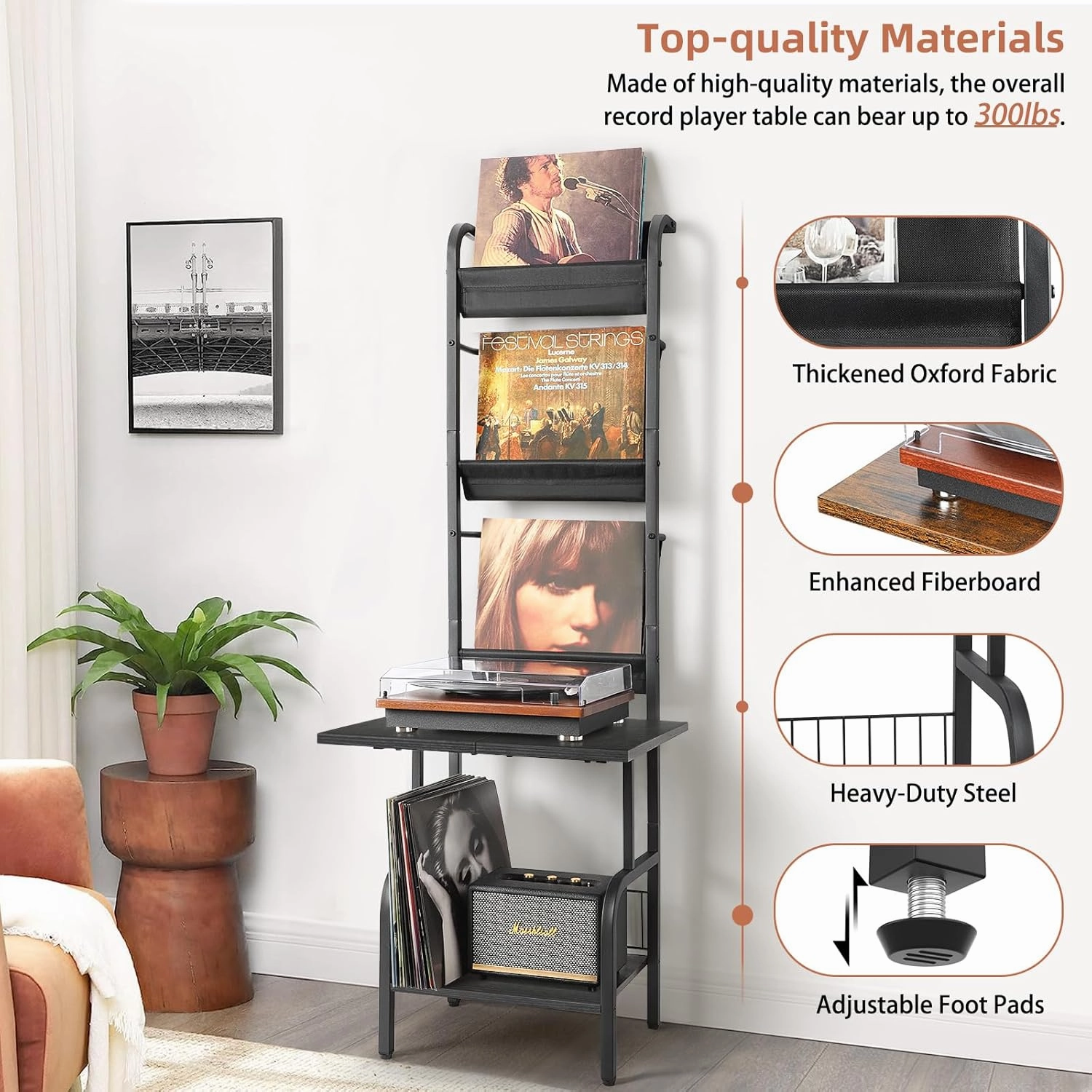 Record Player Stand with Vinyl Storage for up to 200 Albums, Turntable Stand with Record Holder Display Shelf