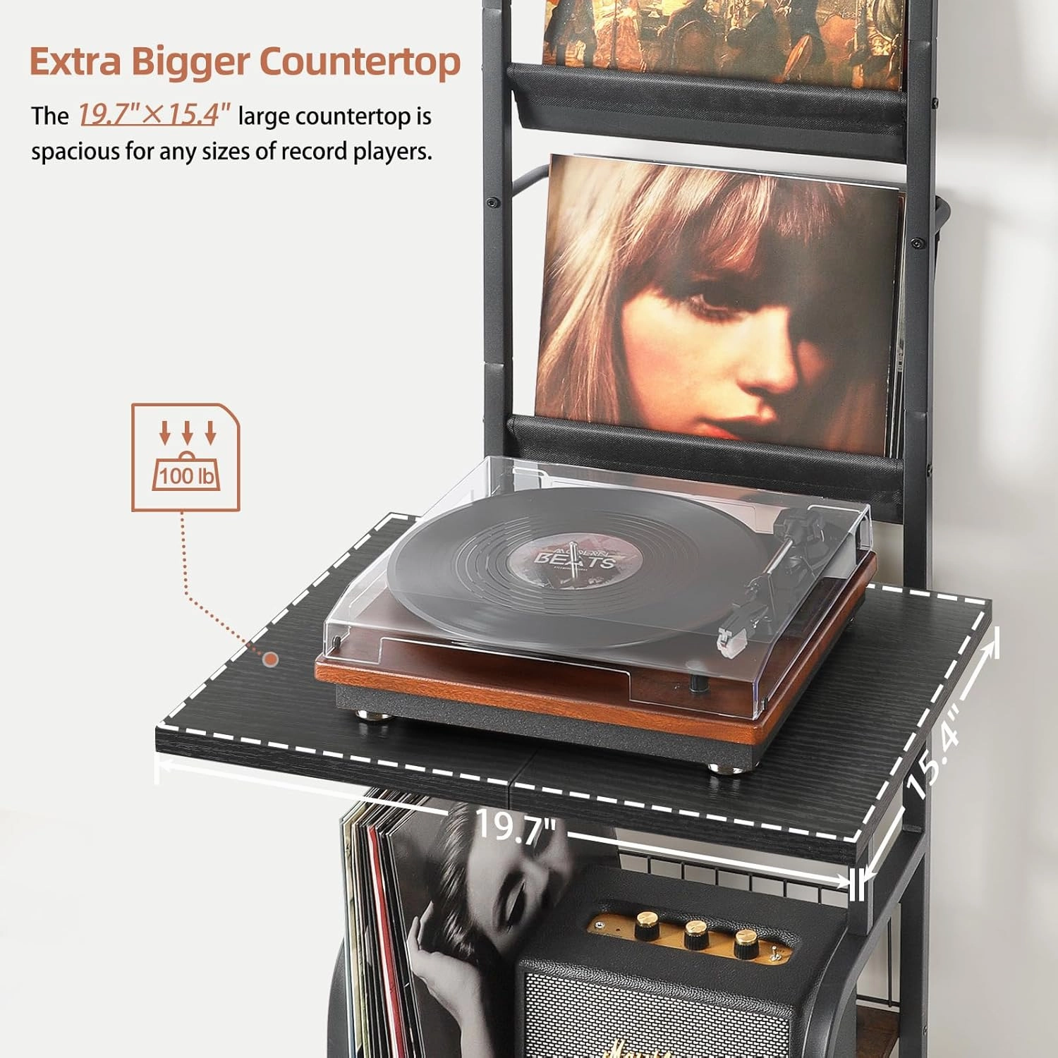 Record Player Stand with Vinyl Storage for up to 200 Albums, Turntable Stand with Record Holder Display Shelf