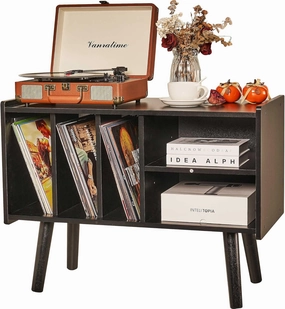 Record Player Stand with Vinyl Storage Holds Up to 300lb, Large Record Player Table Cabinet for Album Storage with Holder Vinyl Display Shelf, Wood Turntable Stand for Bedroom Living Room (Black) vinyl storage,record holder,LP organizer,