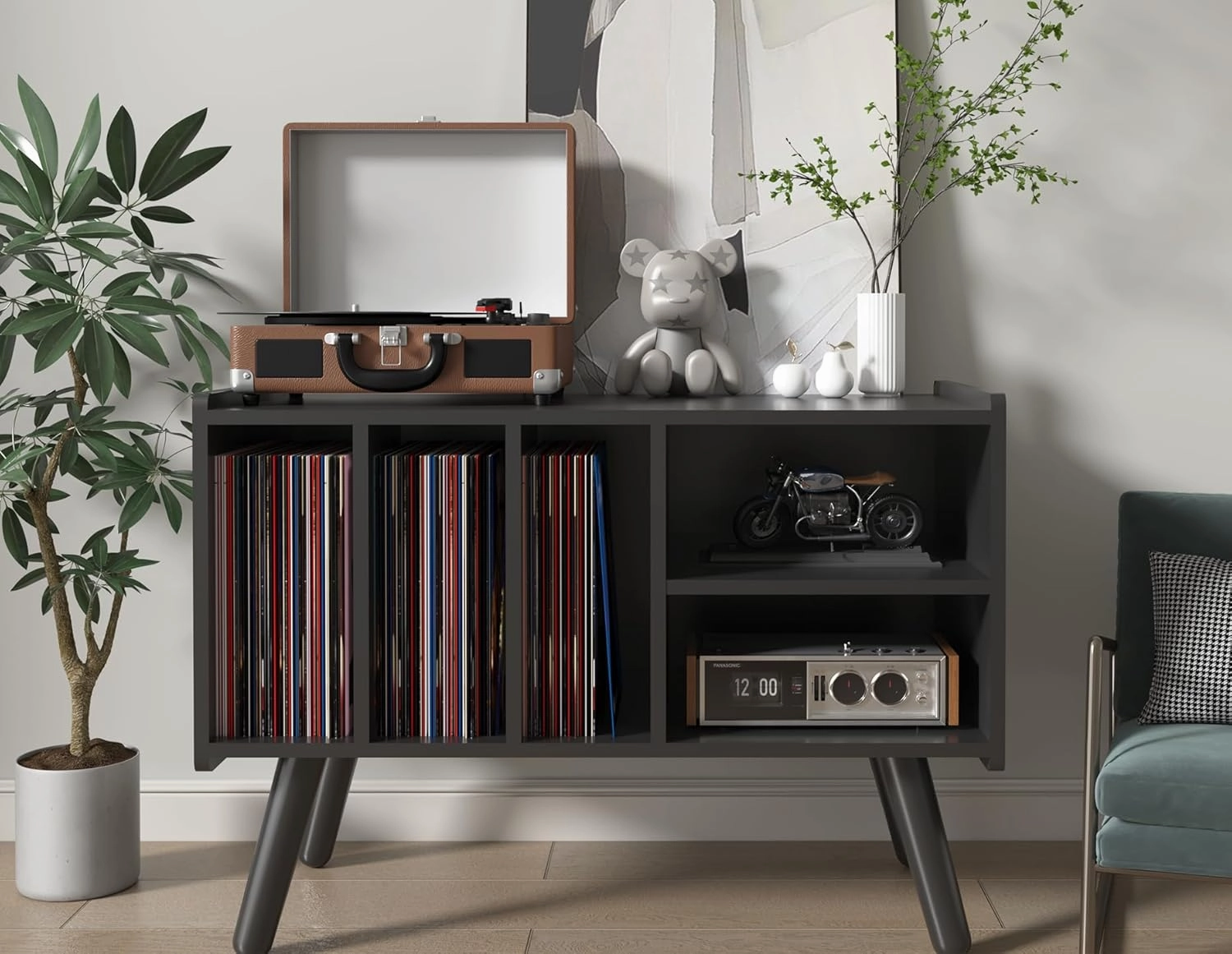 Record Player Stand with Vinyl Storage Holds Up to 300lb, Large Record Player Table Cabinet for Album Storage with Holder Vinyl Display Shelf, Wood Turntable Stand for Bedroom Living Room (Black)