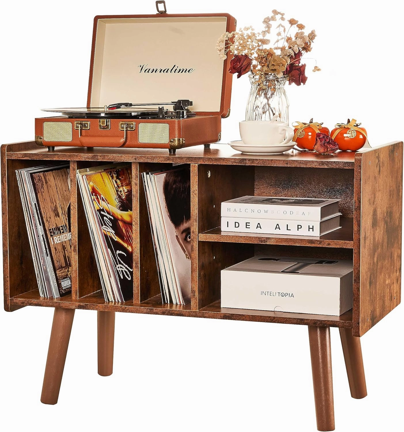 Record Player Stand with Vinyl Storage Holds Up to 300lb, Large Record Player Table Cabinet for Album Storage with Holder Vinyl Display Shelf, Wood Turntable Stand for Bedroom Living Room (Brown) vinyl storage,record holder,LP organizer,