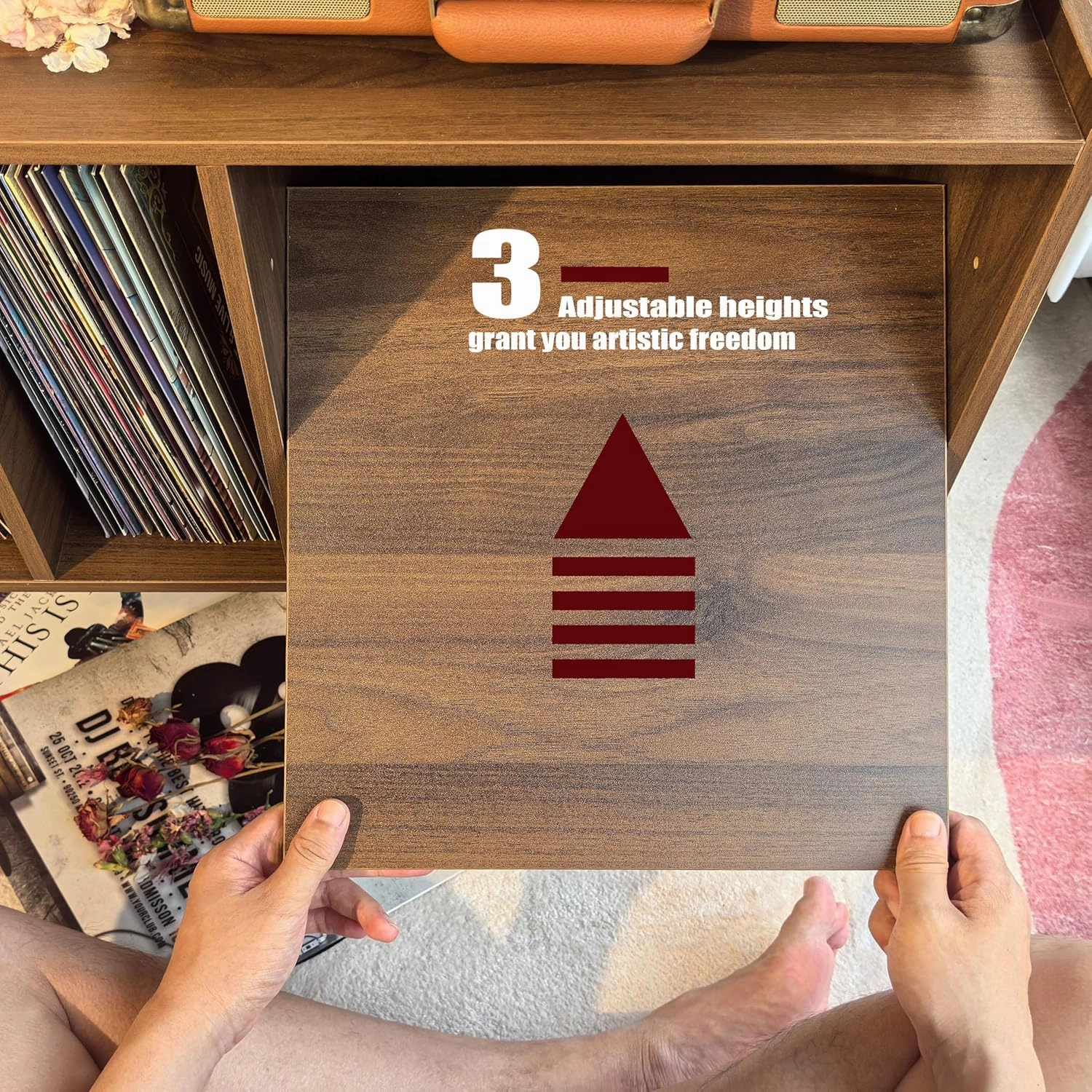 Record Player Stand with Vinyl Storage Holds Up to 300lb, Large Record Player Table Cabinet for Album Storage with Holder Vinyl Display Shelf, Wood Turntable Stand for Bedroom Living Room (Walnut)