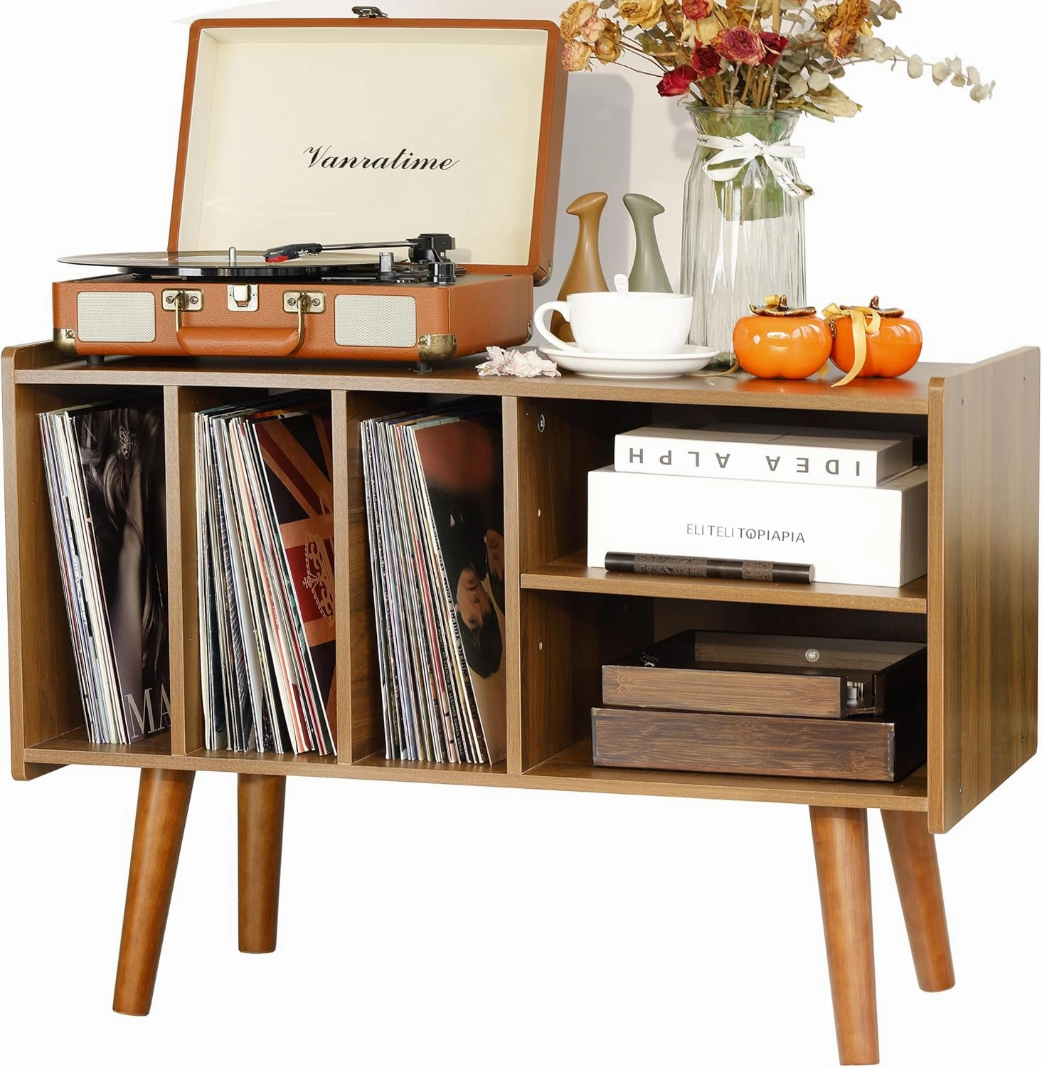 Record Player Stand with Vinyl Storage Holds Up to 300lb, Large Record Player Table Cabinet for Album Storage with Holder Vinyl Display Shelf, Wood Turntable Stand for Bedroom Living Room (Walnut) vinyl storage,record holder,LP organizer,