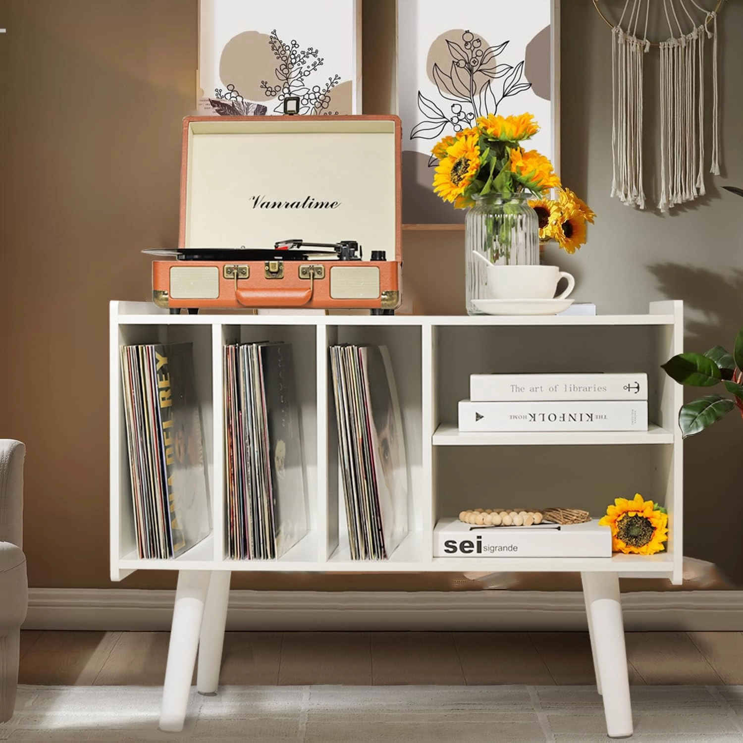 Record Player Stand with Vinyl Storage Holds Up to 300lb, Large Record Player Table Cabinet for Album Storage with Holder Vinyl Display Shelf, Wood Turntable Stand for Bedroom Living Room (White)