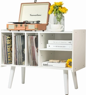 Record Player Stand with Vinyl Storage Holds Up to 300lb, Large Record Player Table Cabinet for Album Storage with Holder Vinyl Display Shelf, Wood Turntable Stand for Bedroom Living Room (White) vinyl storage,record holder,LP organizer,
