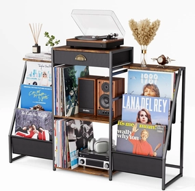 Record Player Stand with Vinyl Storage  Record Table with Holder,6-Bin Vinyl Storage Rack & Drawer, Dual Side Display Shelves,Holds 200  Albums,Turntable Stand for Living Room, Bedroom vinyl storage,record holder,LP organizer,