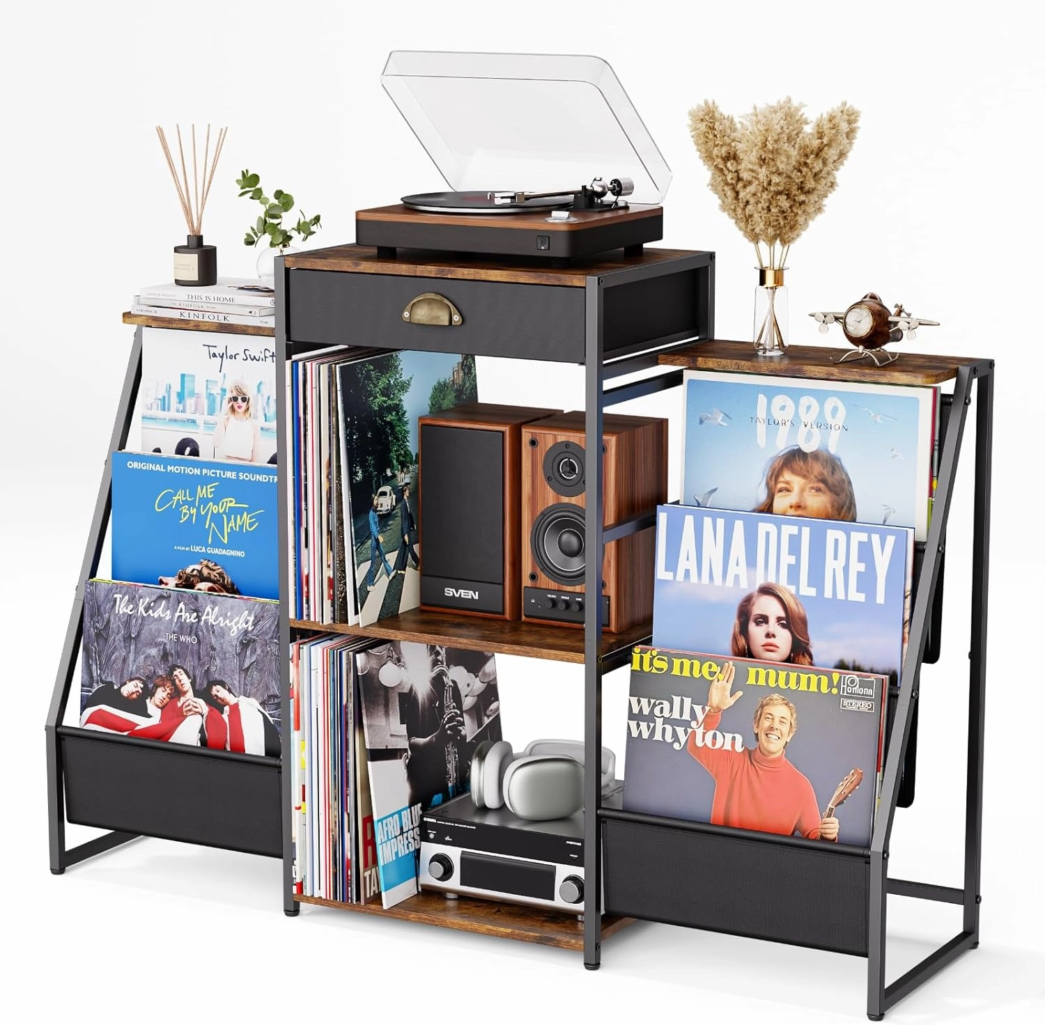 Record Player Stand with Vinyl Storage  Record Table with Holder,6-Bin Vinyl Storage Rack & Drawer, Dual Side Display Shelves,Holds 200  Albums,Turntable Stand for Living Room, Bedroom vinyl storage,record holder,LP organizer,