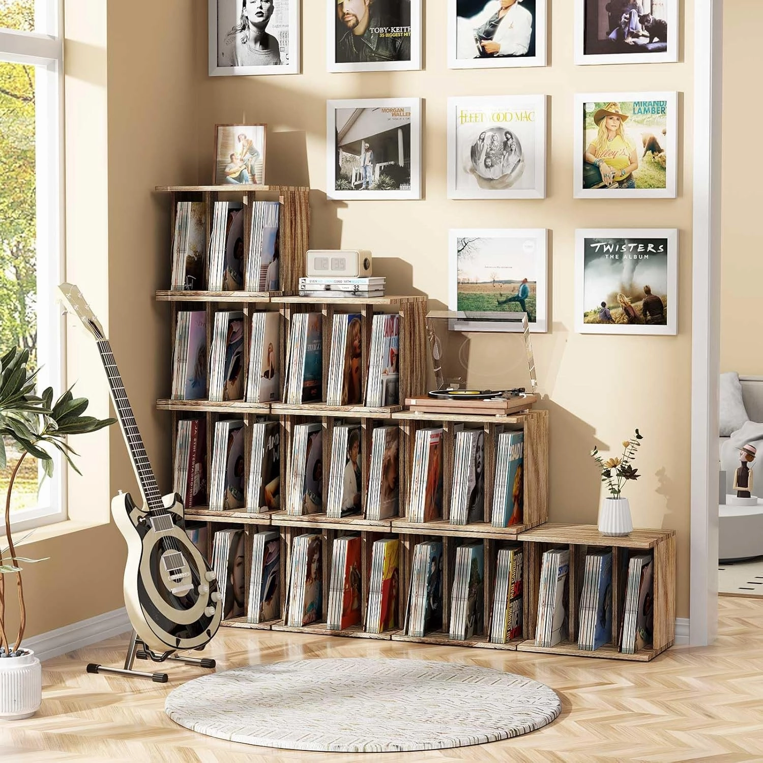Record Player Stand with Vinyl Storage, Turntable Wall Mount for 80-100 Albums, 3-Compartment Holder, Carbonized Black