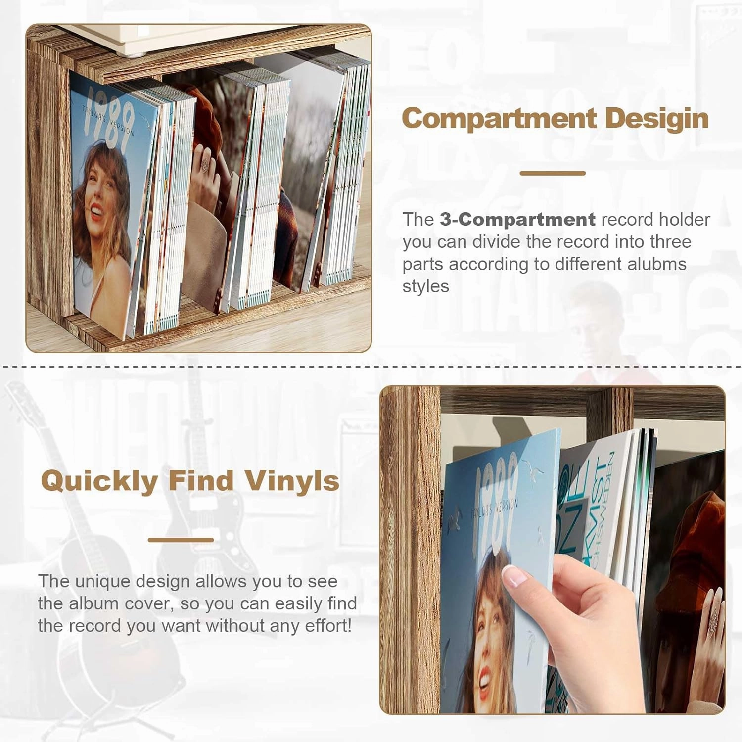 Record Player Stand with Vinyl Storage, Turntable Wall Mount for 80-100 Albums, 3-Compartment Holder, Carbonized Black