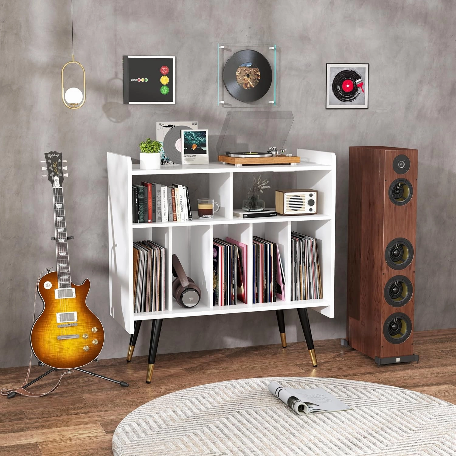 Record Player Stand with Vinyl Storage: White Wooden Cabinet for Turntable, Modern Media Console, Stereo LP Holder, Album Display Shelf with USB and Outlet (White) vinyl storage,record holder,LP organizer,