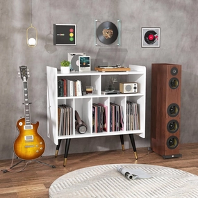 Record Player Stand with Vinyl Storage: White Wooden Cabinet for Turntable, Modern Media Console, Stereo LP Holder, Album Display Shelf with USB and Outlet (White) vinyl storage,record holder,LP organizer,