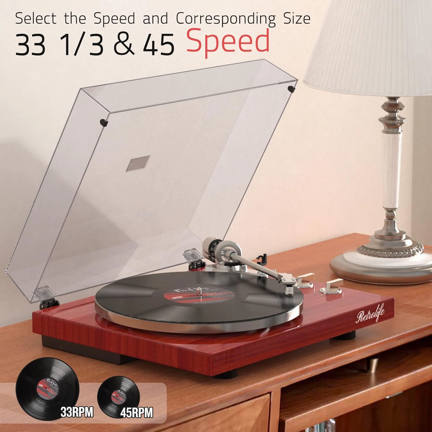 Record Player Turntables for Vinyl Record Belt-Drive Wireless Output Connectivity Phono Line Out USB Digital to PC Recording MM Audio Cartridge Stylus Counterweight Piano Shiny Classic Red