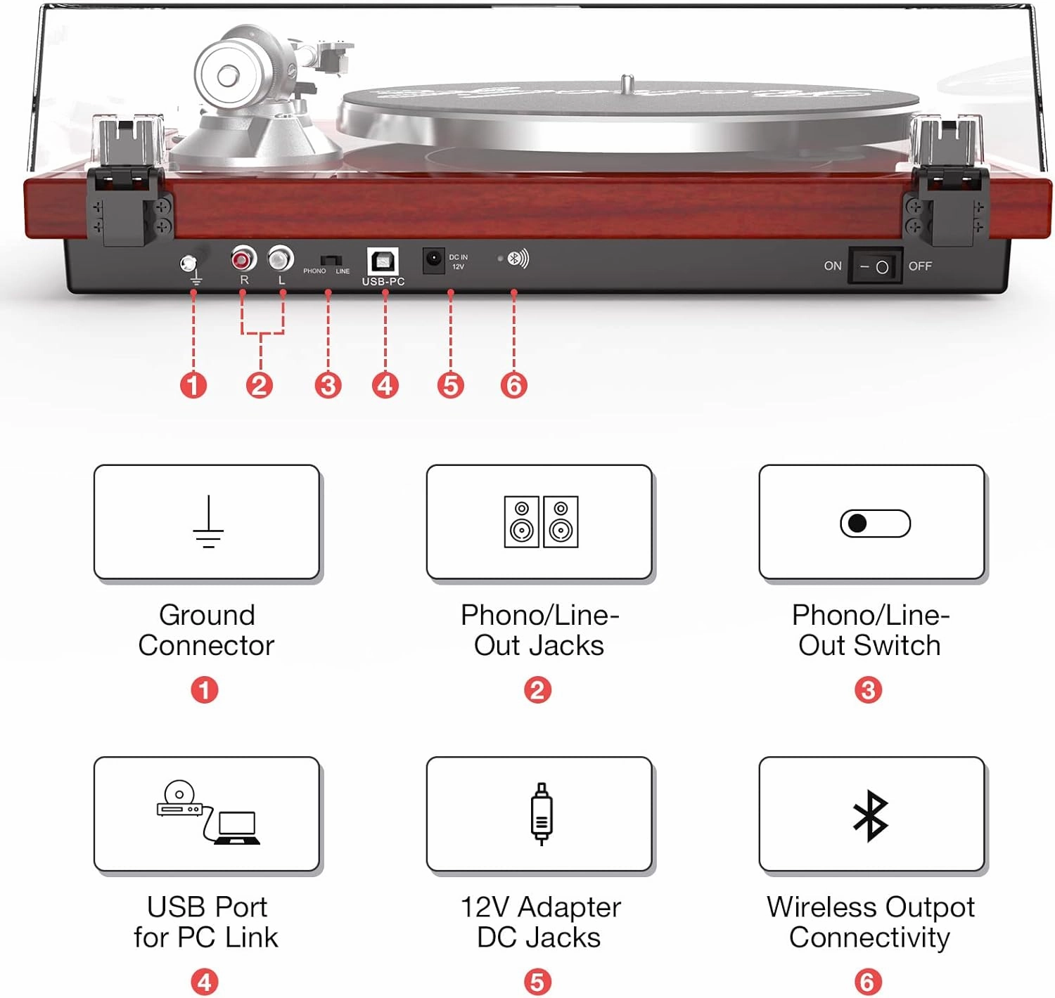 Record Player Turntables for Vinyl Record Belt-Drive Wireless Output Connectivity Phono Line Out USB Digital to PC Recording MM Audio Cartridge Stylus Counterweight Piano Shiny Classic Red