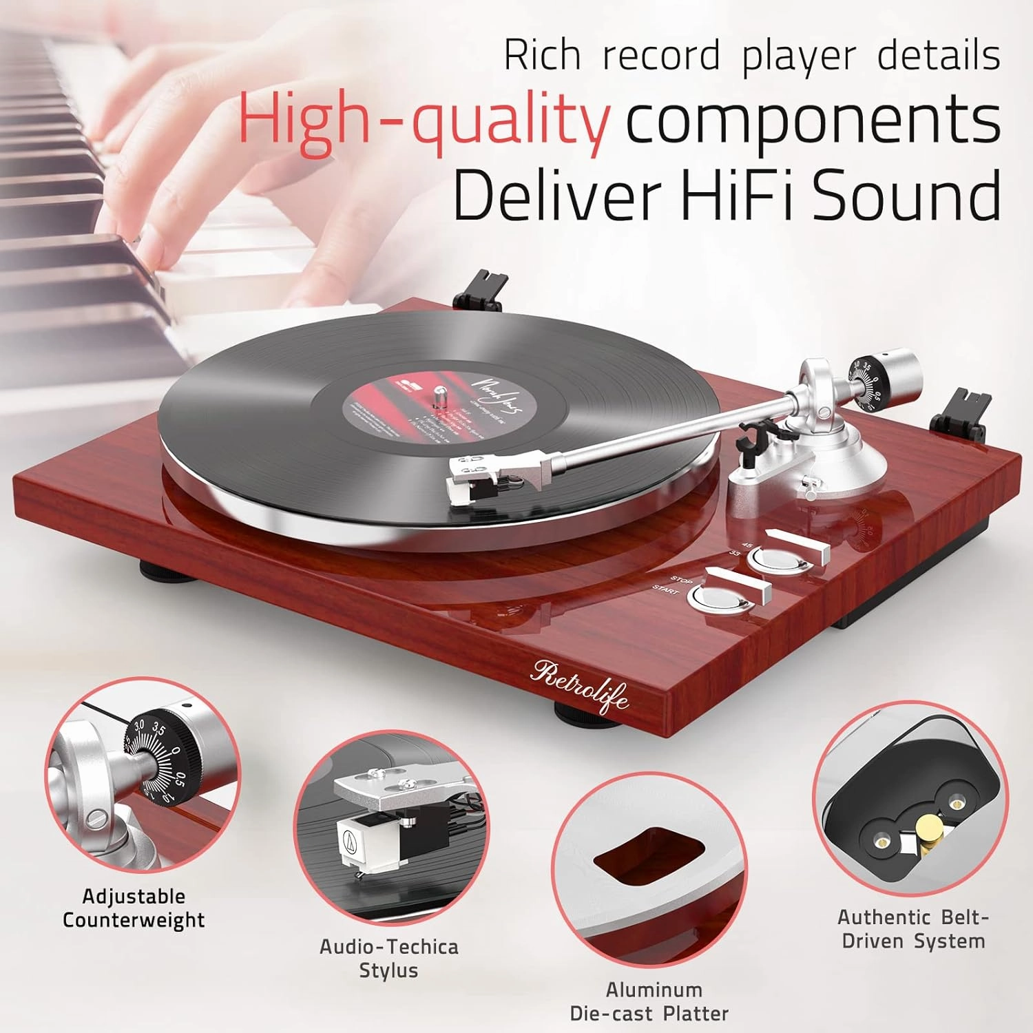 Record Player Turntables for Vinyl Record Belt-Drive Wireless Output Connectivity Phono Line Out USB Digital to PC Recording MM Audio Cartridge Stylus Counterweight Piano Shiny Classic Red
