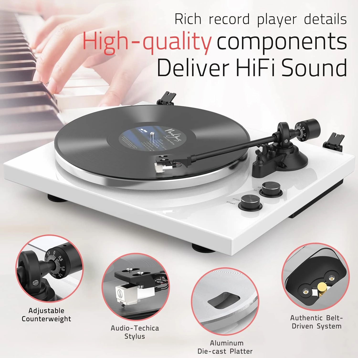 Record Player Turntables with Wireless Output Connectivity Vinyls Players Belt-Drive 33 45 RPM Speed Phono Line USB Digital to PC Recording MM Cartridge AT-3600L Classic New Sleek Piano White