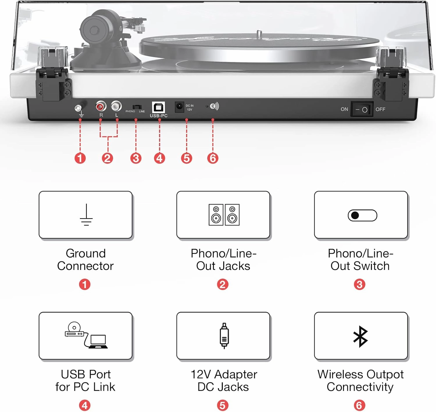 Record Player Turntables with Wireless Output Connectivity Vinyls Players Belt-Drive 33 45 RPM Speed Phono Line USB Digital to PC Recording MM Cartridge AT-3600L Classic New Sleek Piano White