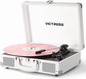 Record Player with Bluetooth Input/Output & Built-in Speakers, Portable Suitcase Record Player with PC Recording, 3-Speed Belt-Drive Turntables, RCA Output, AUX Input, Headphone Jack, White belt-drive turntable,vinyl record player,audiophile turntable,