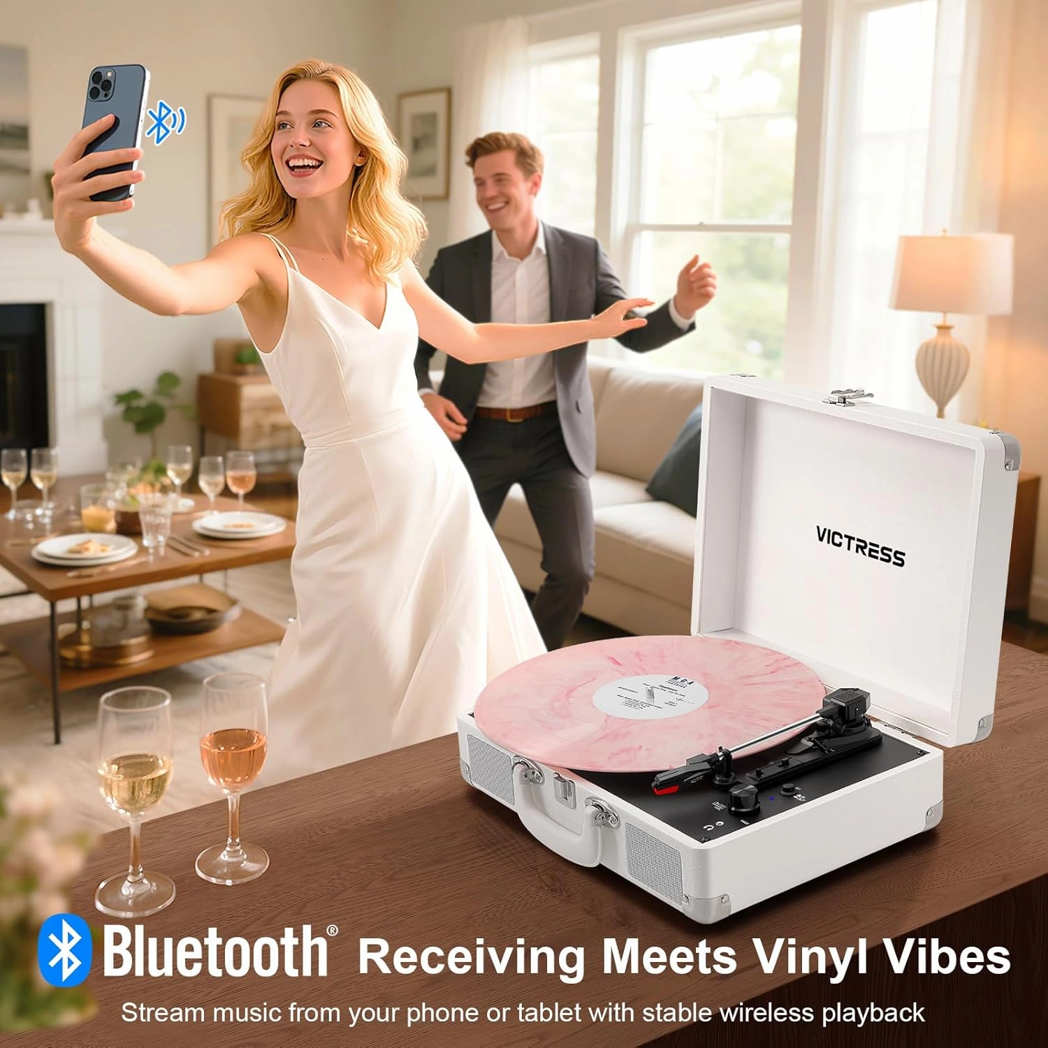 Record Player with Bluetooth Input/Output & Built-in Speakers, Portable Suitcase Record Player with PC Recording, 3-Speed Belt-Drive Turntables, RCA Output, AUX Input, Headphone Jack, White