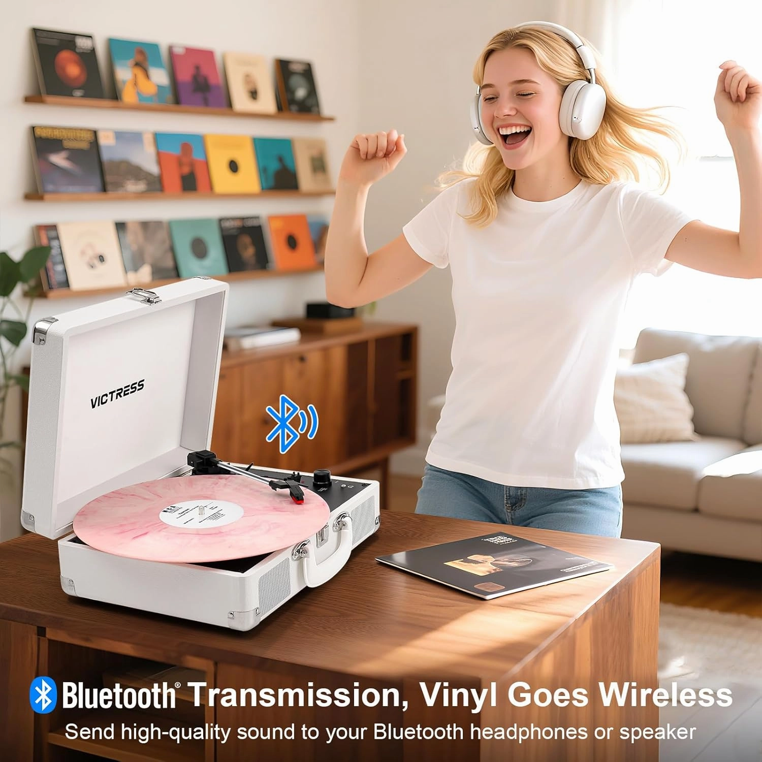 Record Player with Bluetooth Input/Output & Built-in Speakers, Portable Suitcase Record Player with PC Recording, 3-Speed Belt-Drive Turntables, RCA Output, AUX Input, Headphone Jack, White
