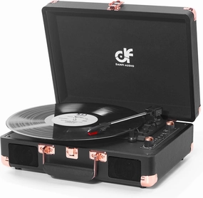 Record Player with Built-in 2 Speakers Vintage 3-Speed Portable Bluetooth Suitcase Vinyl LP Turntable Player with USB Recording MP3 Converter RCA/AUX/Headphone Out Black & Rose Gold direct-drive turntable,DJ turntable,hi-torque vinyl deck,