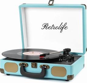 Record Player with Speakers 3-Speed Bluetooth Suitcase Portable Vinyl Record Player Belt-Driven RCA Line Out AUX in Headphone Jack Vinyl Vintage Turntable Blue belt-drive turntable,vinyl record player,audiophile turntable,